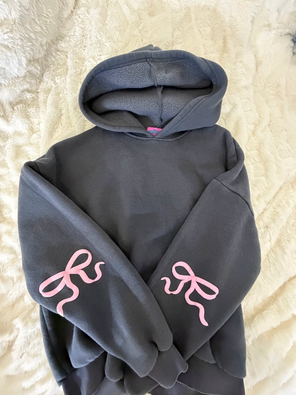 Womens Hooded Sweatshirt with Pink Bow Sleeve Accents
